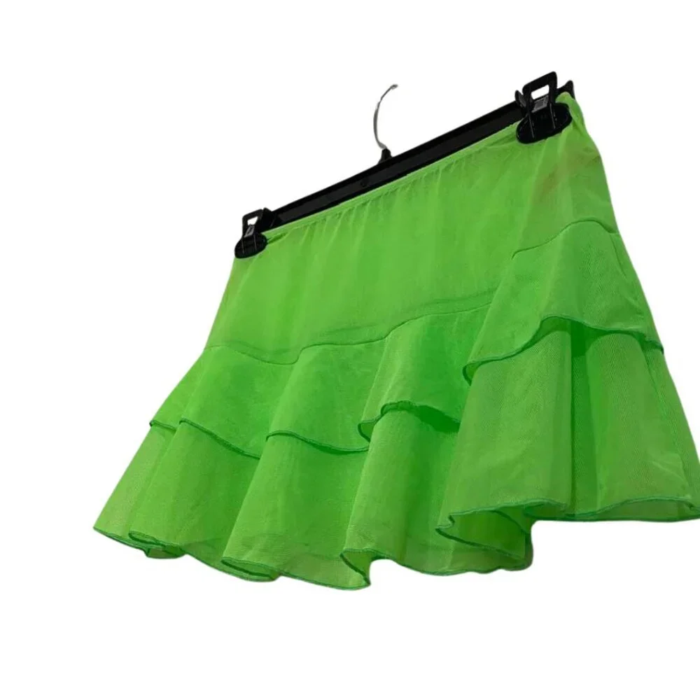 Zuliana Y2K Neon Green Ruffle Micro Mini Skirt Sheer Tiered Festival Rave Size M
